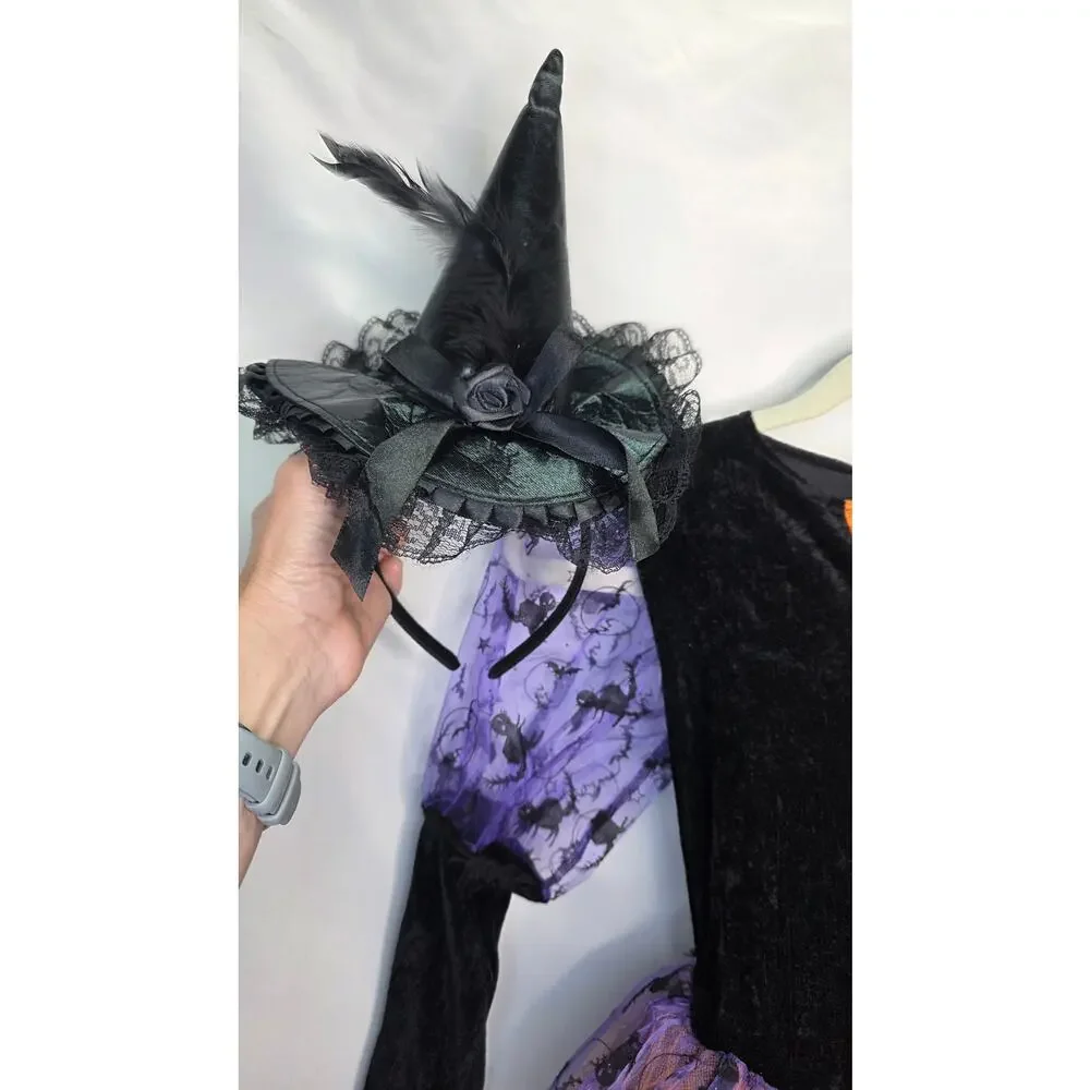 Light Up Witch Costume With Head Band Hat Girls L Purple Orange Halloween Dress